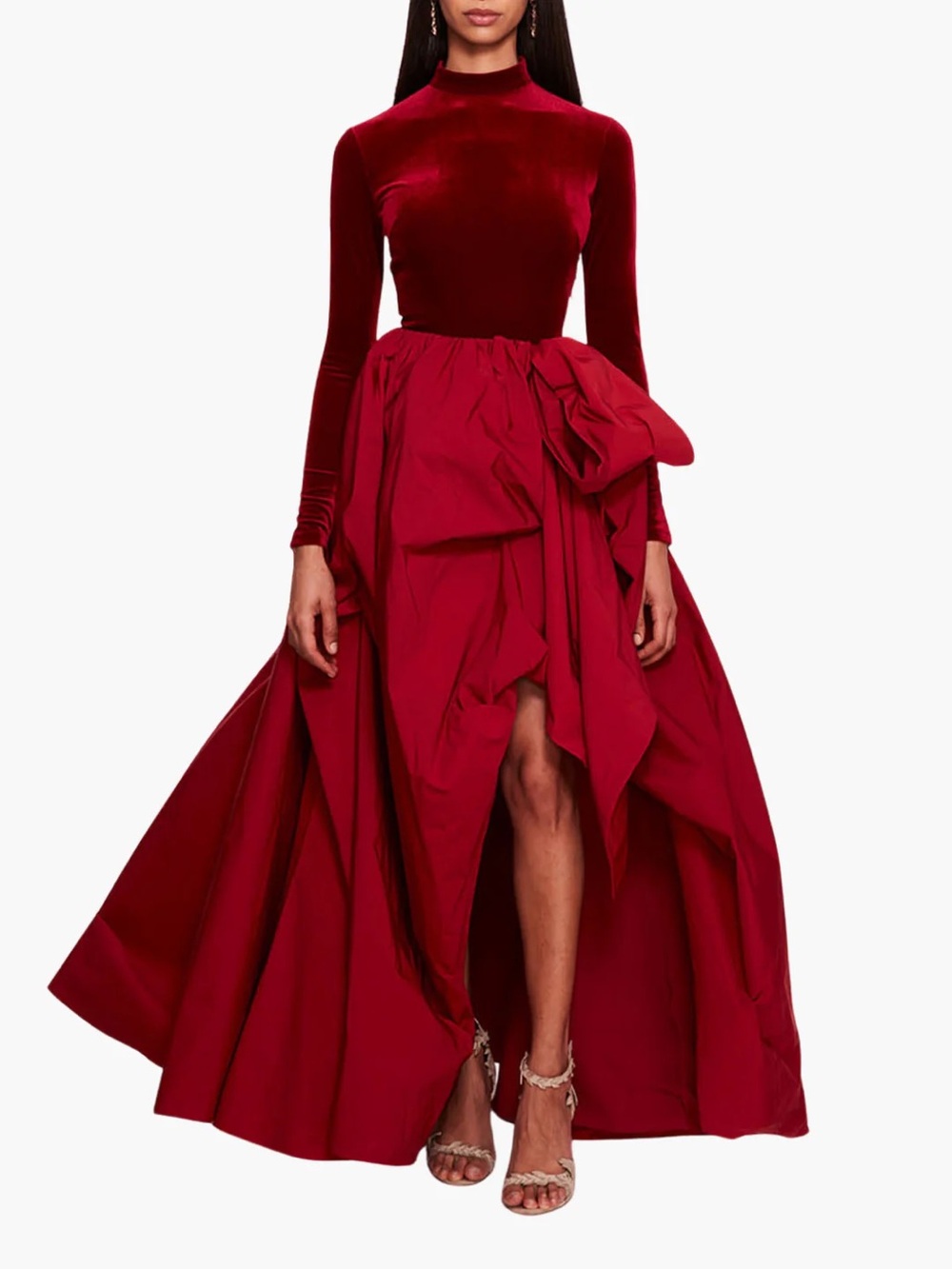 Marchesa Notte Red Velvet High-Neck Long-Sleeve Taffeta Evening Dress